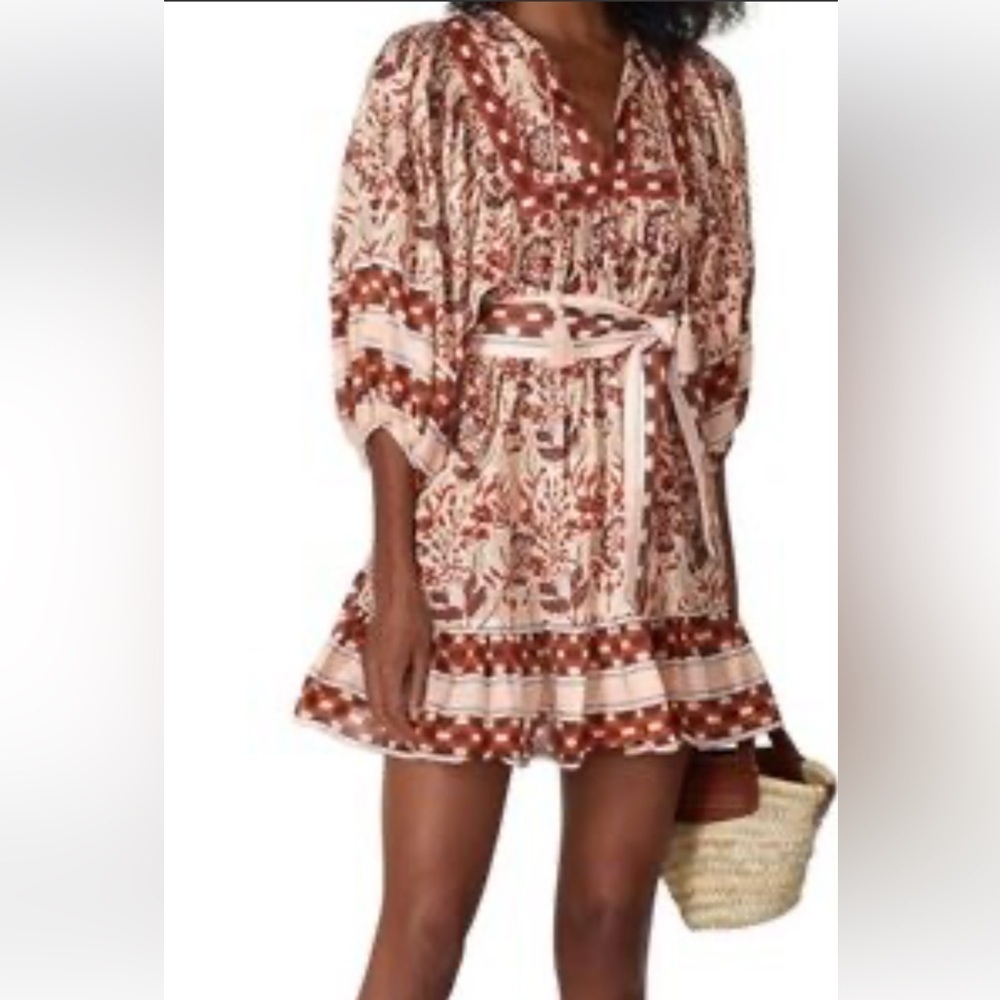 Cleobella Magdalena Ivory and Rust Floral Belted Mini Dress XS/S